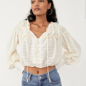 NWT Free People Hailey Blouse Top Ivory White Crop Long Sleeve V Neck Sz XS $128